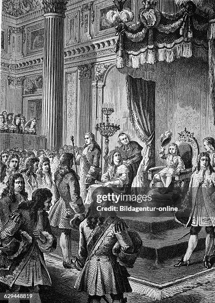 Louis xv of france receiving homage of the parliament at the age of sixteen, historic engraving of 1883