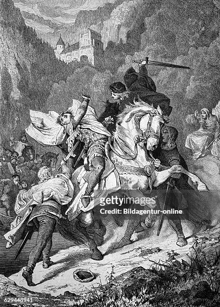Assassination of king albert of austria by johann of swabia, duke of austria and styria, called parricida, latin for patricide, near koenigsfeld,...
