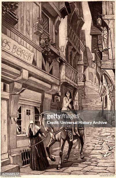 Lady Godiva on Horseback being Guided by Nun on Cobblestone Street, Illustration.