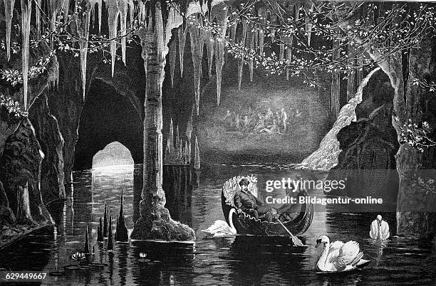 The blue grotto in linderhof castle, bavaria, germany, historical engraving, 1888