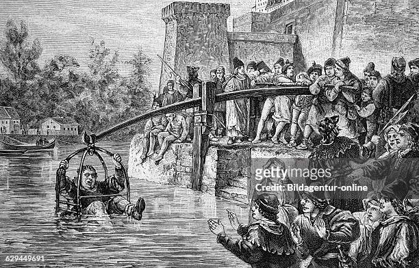 The punishment of immersion in the middle ages, used for fraudulent bakers, historical engraving, 1888