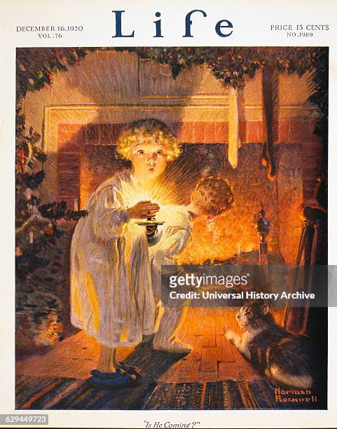 Two Children Looking for Santa Claus Near Fireplace, Illustration by Norman Rockwell, Life Magazine Cover, December 16, 1920.