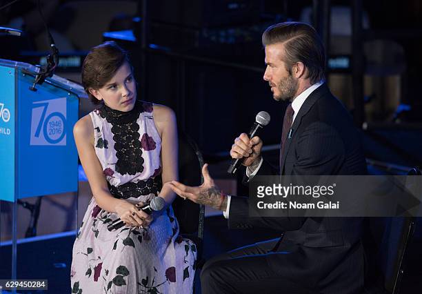 Actress Millie Bobby Brown and Soccer player David Beckham attend UNICEF's 70th anniversary event at United Nations Headquarters on December 12, 2016...