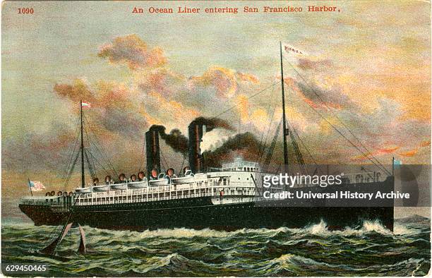 Ocean Liner Entering San Francisco Harbor, Postcard, circa 1910.