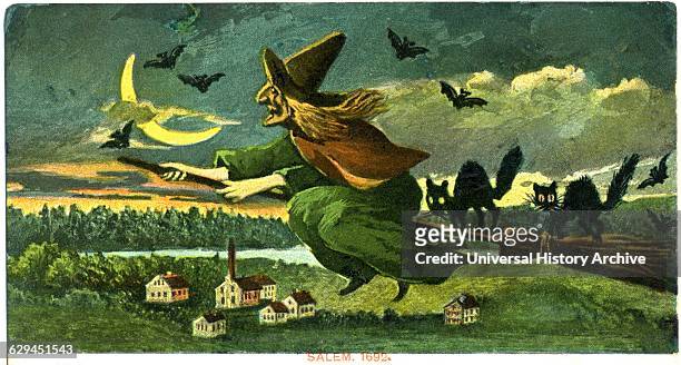 Witch on Broom with Black Cats and Bats, "Salem 1692", Postcard.