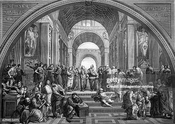 The school of athens engraving after a painting by raphael, historical woodcut, circa 1888