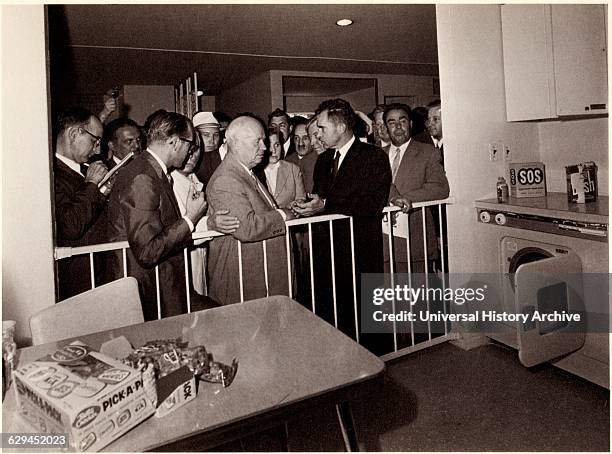 Vice President Richard Nixon, Soviet Premier Nikita Khruschev attending American Exhibition resulting in "Kitchen Debate", Moscow, U.S.S.R, 1959.