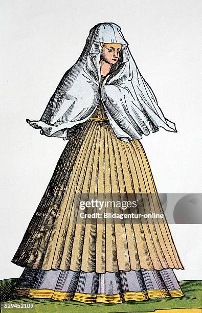 Prostitute wearing a specific costume, rome, woodcut, from a book about costumes by weigel, 16th century