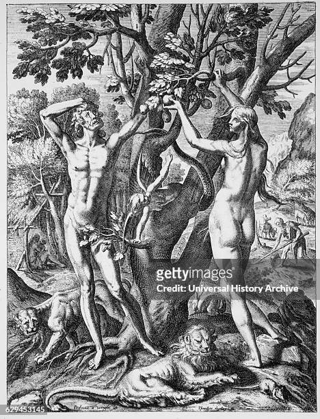 Adam and Eve in the Garden of Eden, Wood Engraving, circa 1588.