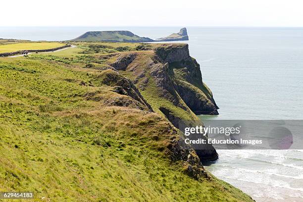 Worm's Head cliffs, Rhossili, Gower peninsula, near Swansea, South Wales, UK.