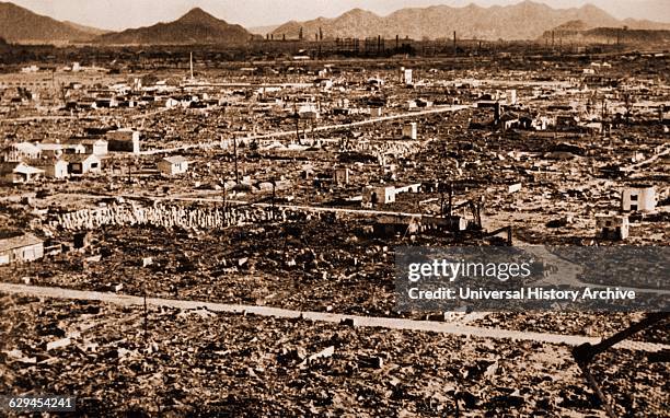 Hiroshima in ruins after the 6th August atomic bomb attack on the city, Japan, 1945.