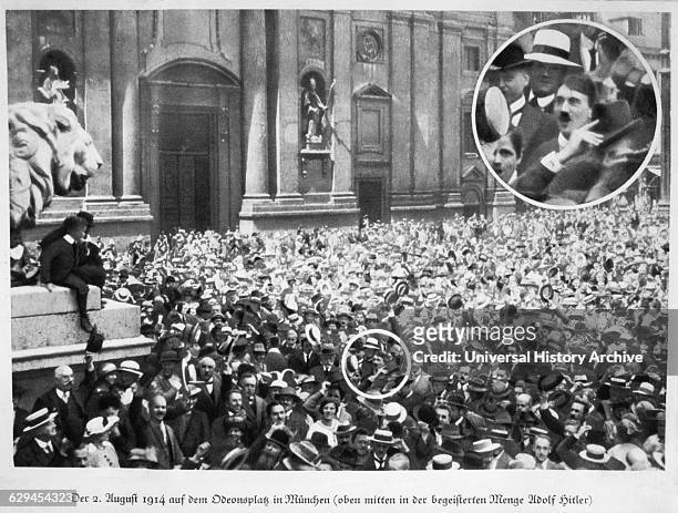 Adolf Hitler Among Crowd in Odeonplatz, Munich, Germany, Listening to War Speeches, August 2 the day after Germany Declared War on Russia.