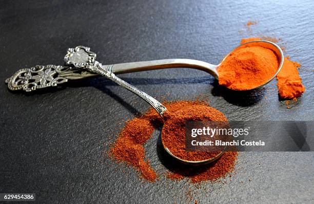 paprika in silver teaspoons - paprika stock pictures, royalty-free photos & images