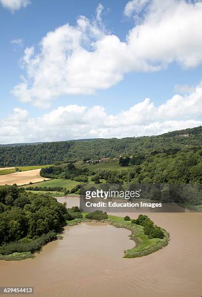 View north towards Lancaut over incised meander, gorge and river spit, River Wye, near Chepstow, Monmouthshire, Wales, UK.