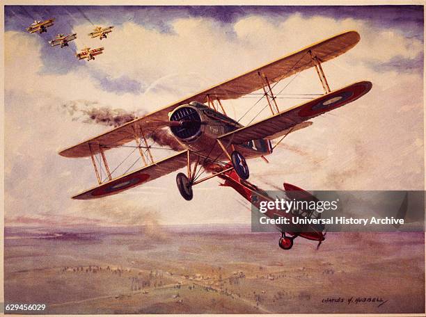 American Pilot, Captain Eddie Rickenbacker in Spad 13 Plane Downs Two German L.V.G Bi-Planes, circa 1915.