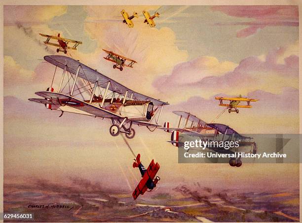 American 8th US Observation Squadron Flying De Havilland 4's Attacked by German Fokker D-7's, circa 1917.