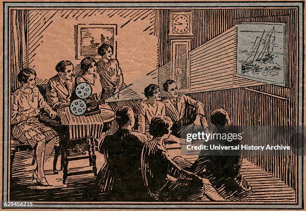 Group of People Watching Move Projected on Wall at Home, Kodak, Kodascope 16mm Film Library, 7th Edition, Cover Illustration, circa 1936.