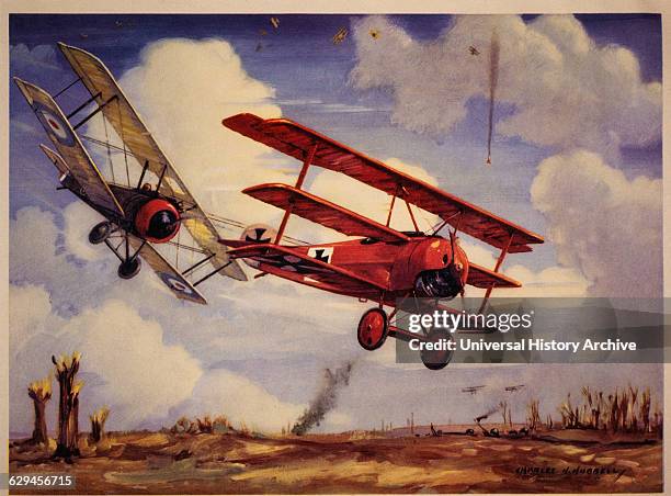 Canadian Pilot, Captain Arthur Roy Brown, in his Sopwith Camel Downing Baron Manfred von Richthofen in his Fokker Tri-Plane, April 21, 1918.