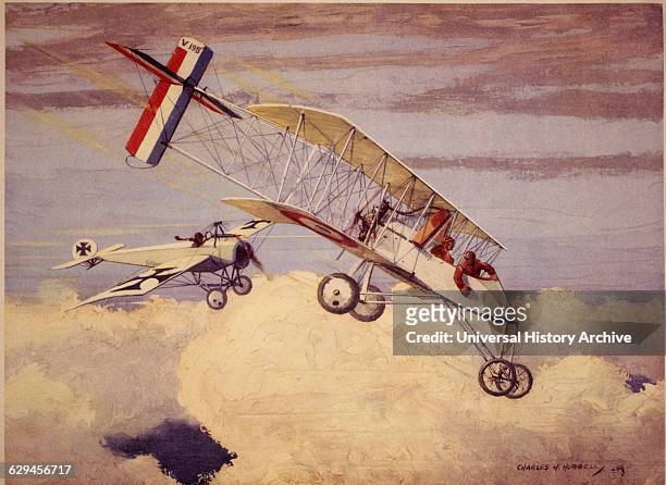 German Fokker Monoplane Attacking French Voisin Bi-Plane, circa 1915.
