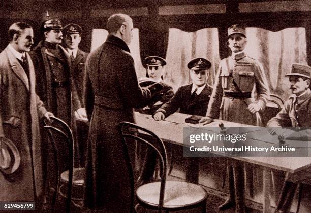 Armistice Signing Ceremony Between Germany and Allied Nations, Compiegne, France, November 11, 1918.