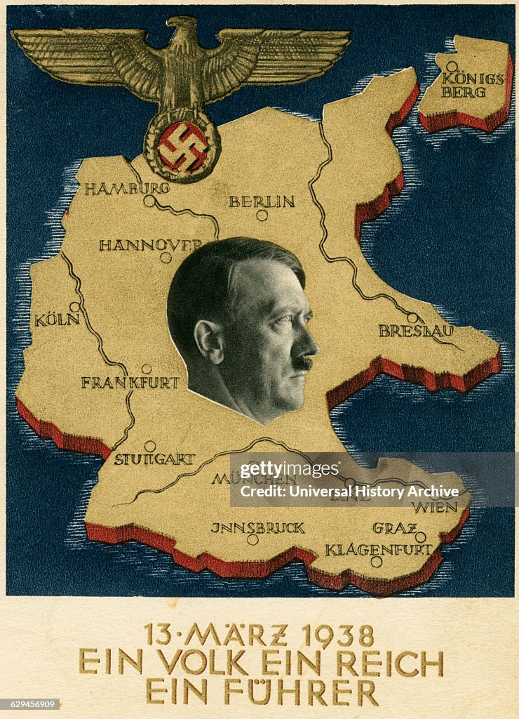 Adolf Hitler Portrait on Map of Germany and Unification with Austria ...