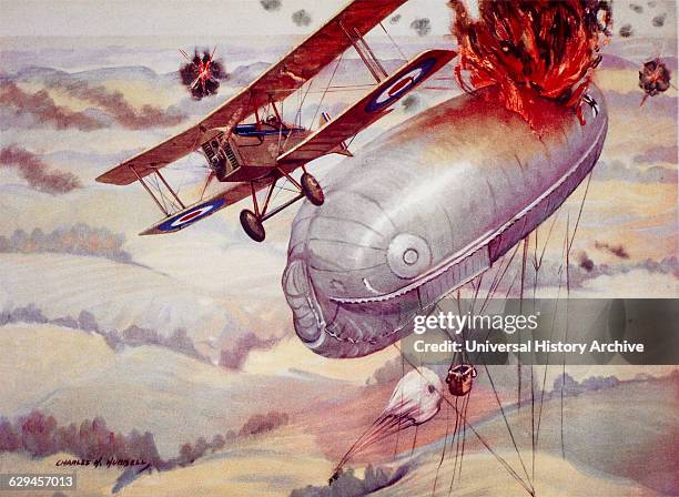 American Pilot Major George A. Vaughn Destroying a German Kite Observation Balloon, Painting, Charles H. Hubbell, 1917 .