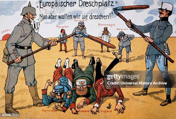 Germany and Austria-Hungary Threshing the Allied Powers, German Illustration, 1914.