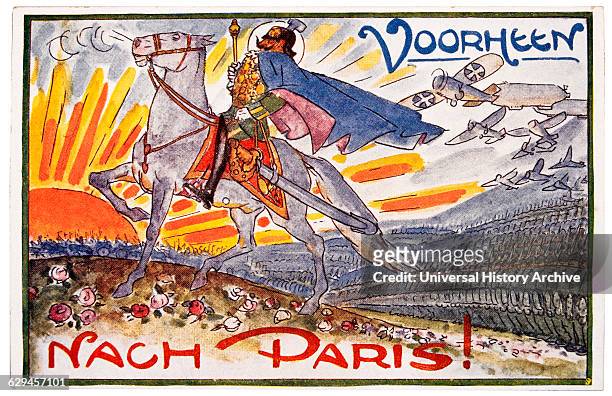 World War I Dutch Postcard Depicting Kaiser Wilhelm's Assault on Paris, Nach Paris, circa 1914.