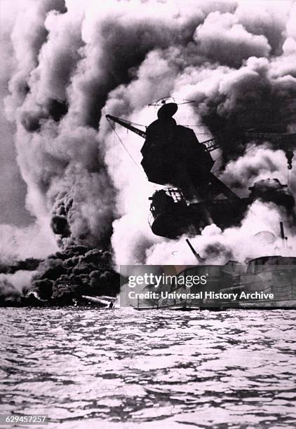 Destruction of the Battleship Arizona During the Japanese Attack on Pearl Harbor, Hawaii, 1941.