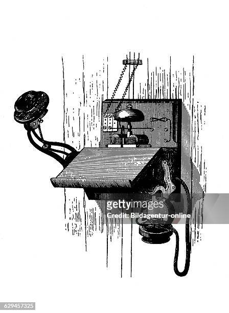 Historical telephone, edison system, historic wood engraving, about 1888