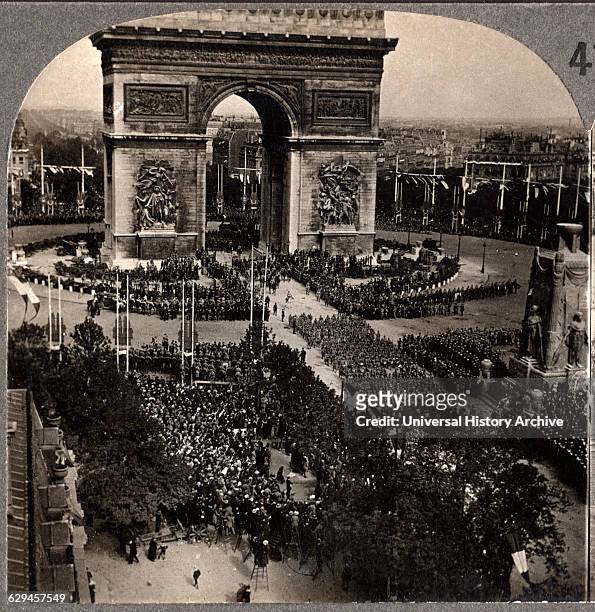 Victory Day Celebration, Arch de Triumph, Avenue des Champs-Eiysees, Paris, France, Single Image of Stereo Card, July 14 1919 .