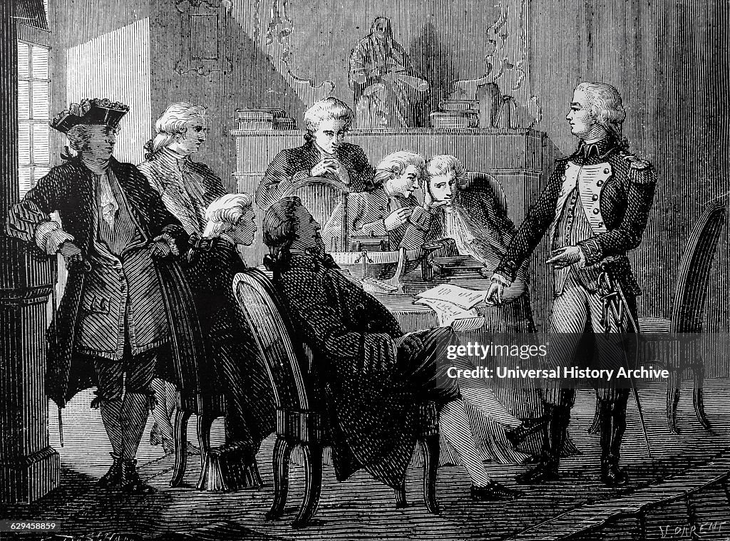 JOUFFROY: Artist's reconstruction of a meeting held at the house of the Marquis Ducrest to discuss the Marquis de Jouffroy d'Abbans's (1751-1832) plans for a steam engine. From Louis Figuier Les Merveilles de la Science. Paris