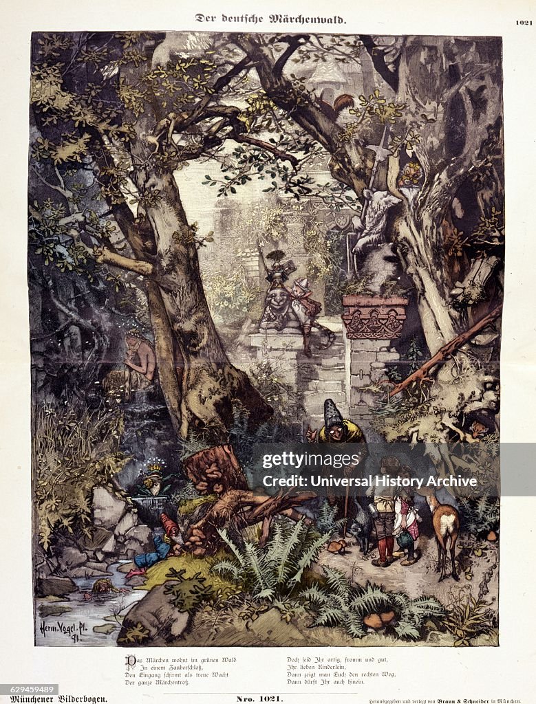 Illustration depicting characters from German Fairy Tales in a forest.