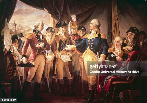 George Washington with British soldiers at Yorktown.