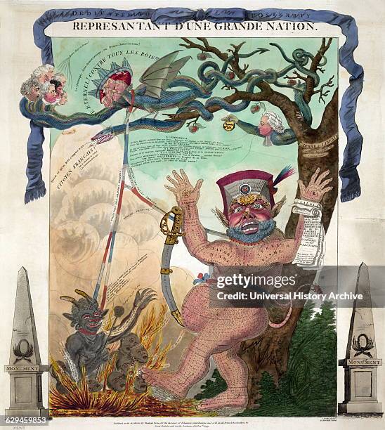 Grotesque monster, nude and hairy, representing the Constitution of the Year III, stands against the trunk of L'Arbre de Liberté with upraised hands....