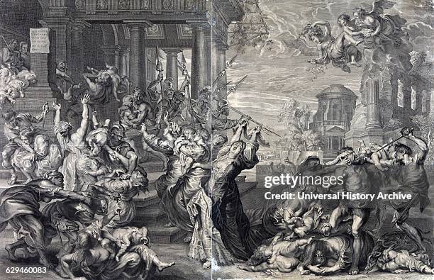 Print showing the massacre of the innocents ordered by Herod, from a 17th century perspective by Peter Paul Rubens. Print, engraving, shows the...