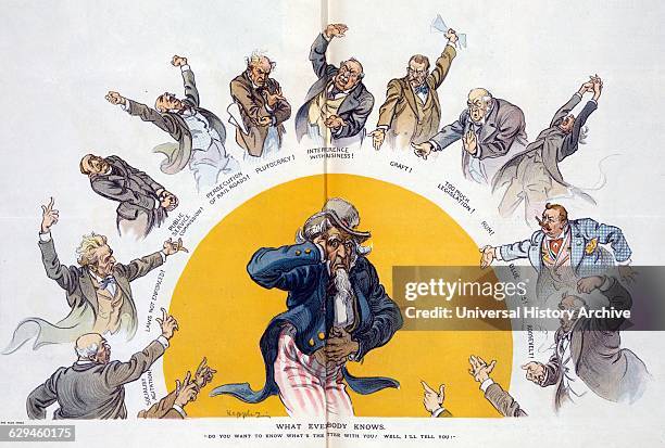 What everybody knows by Udo Keppler . Photomechanical print : offset colour illustration of an ailing Uncle Sam, holding his head and his stomach,...