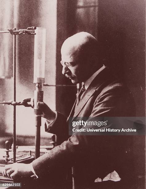 Fritz HABER German chemist at work in his laboratory at Karlsruhe. Nobel prize for chemistry 1918. With Karl Bosch invented process for synthesis of...