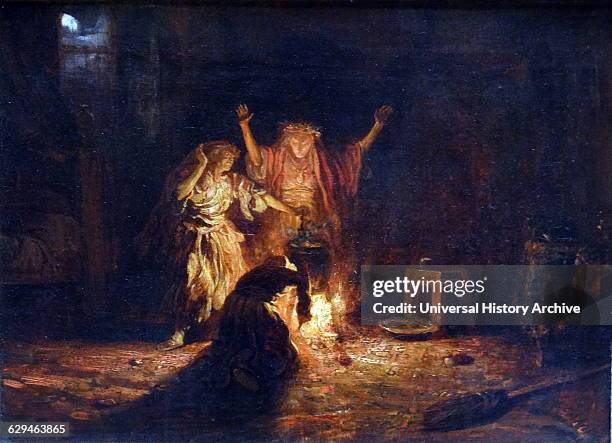 Painting titled 'The Witches in Macbeth' by Alexandre-Gabriel Decamps French painter. Dated 19th Century.