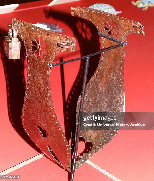 Chastity belt made from iron and velvet;European 19th century.