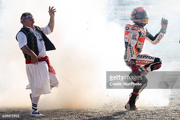 Marc Marquez from Spain of Repsol Honda Team celebrating with his fans during the race of Moto GP Gran Premio Motul de la Comunitat Valenciana at...