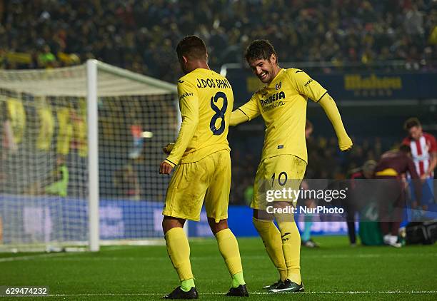 Jonathan Dos Santos and Alexandre Pato of Villarreal CF dancing after second goal of their team during the Spanish League match beetween Villarreal...