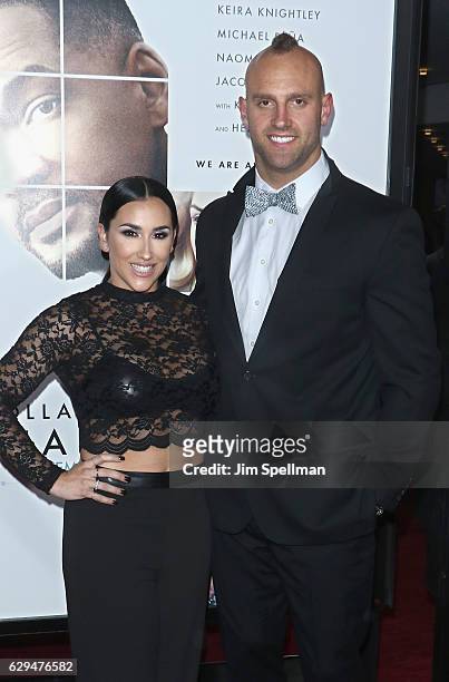 Football player Mark Herzlich and Danielle Conti attend the "Collateral Beauty" world premiere at Frederick P. Rose Hall, Jazz at Lincoln Center on...