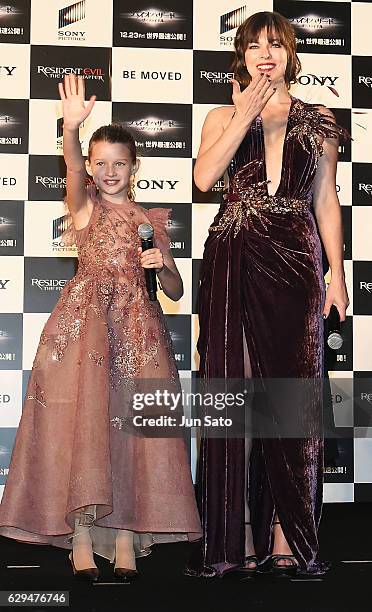 Milla Jovovich and Ever Anderson attend the world premiere of 'Resident Evil: The Final Chapter' at the Roppongi Hills on December 13, 2016 in Tokyo,...