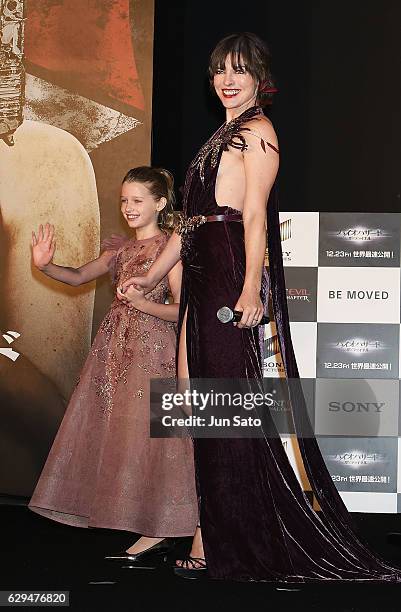 Milla Jovovich and Ever Anderson attend the world premiere of 'Resident Evil: The Final Chapter' at the Roppongi Hills on December 13, 2016 in Tokyo,...