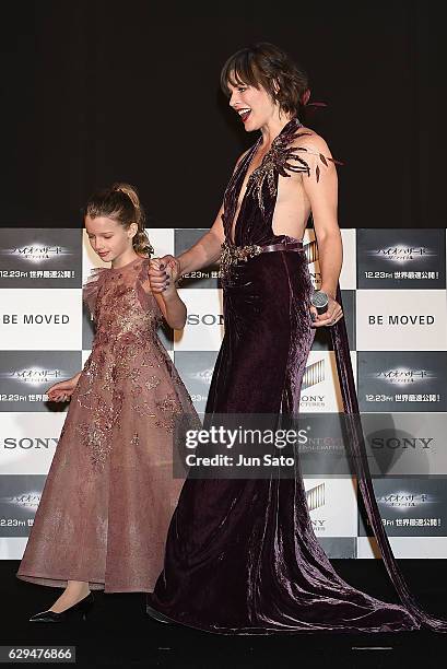 Milla Jovovich and Ever Anderson attend the world premiere of 'Resident Evil: The Final Chapter' at the Roppongi Hills on December 13, 2016 in Tokyo,...