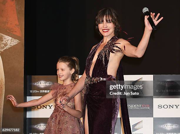 Milla Jovovich and Ever Anderson attend the world premiere of 'Resident Evil: The Final Chapter' at the Roppongi Hills on December 13, 2016 in Tokyo,...