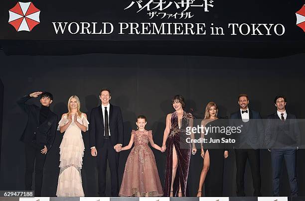 Joon-Gi Lee, Ali Larter, Paul W.S. Anderson, Ever Anderson, Milla Jovovich, Rola, William Levy and Eoin Macken attend the world premiere of 'Resident...