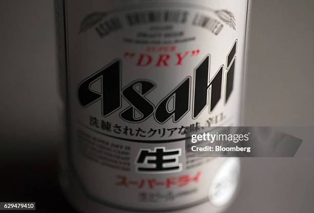 Can of Asahi Breweries Ltd.'s Asahi Super Dry beer sits displayed for a photograph in Tokyo, Japan, on Tuesday, Dec. 13, 2016. Asahi agreed to buy...