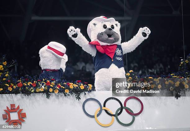 Howdy, the official mascot of the XV Olympic Winter Games to be held in Calgary, Canada in 1988 appears at the Closing Ceremony of the XIV Olympic...